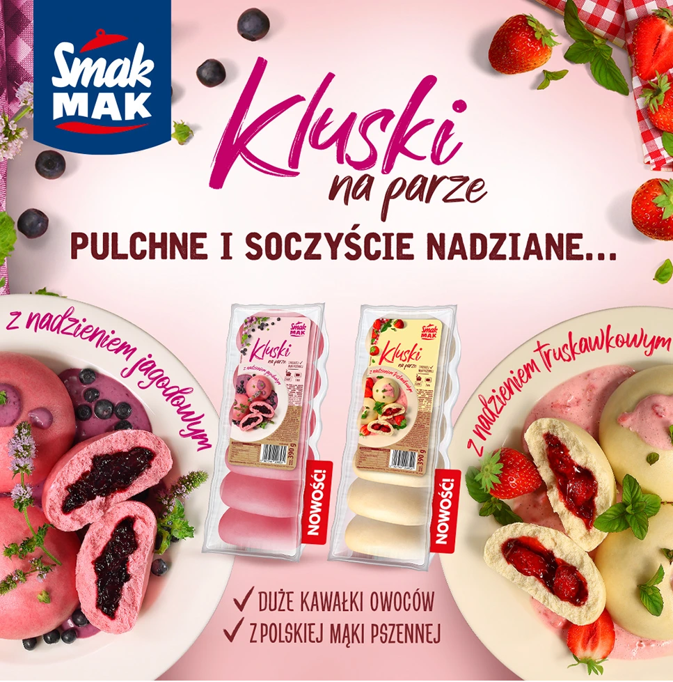 Owocowe kluski na parze SmakMak — różowa kompozycja reklamowa