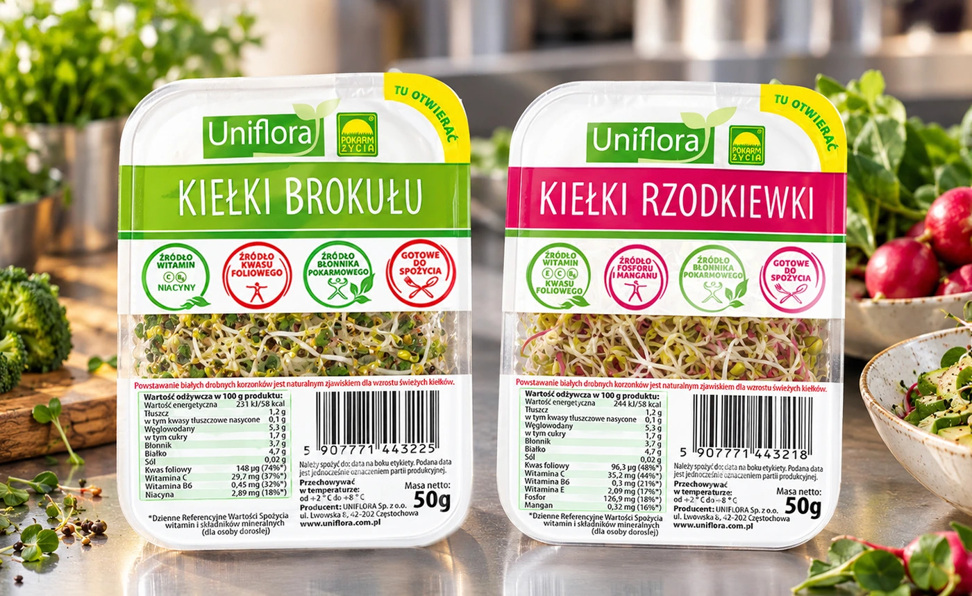 Opakowania kiełków brokułu i rzodkiewki Uniflora